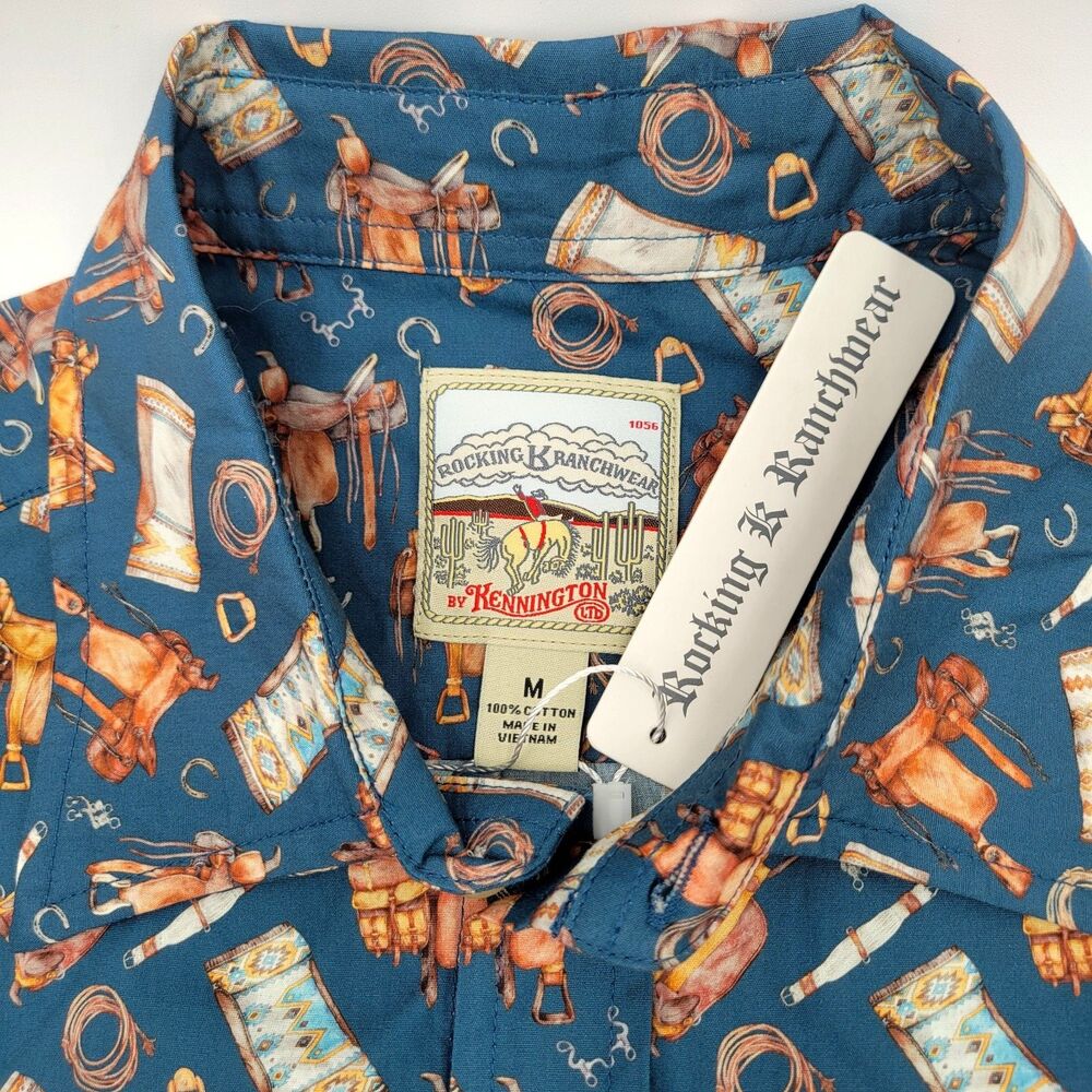 Rocking K Ranchwear Kennington Western Shirt Cowboy Saddle Print Blue Men's MEDS